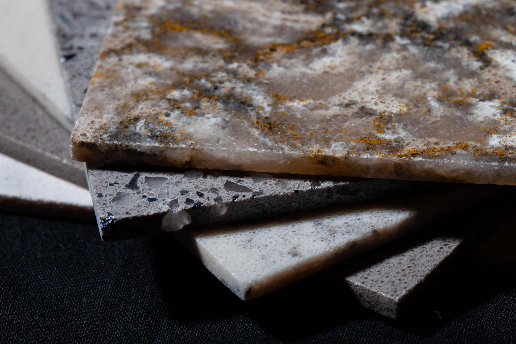 Samples of Silestone, a countertop material made of quartz. Cutting the material releases dangerous silica dust that can damage people's lungs if the exposure to the dust is not properly controlled.